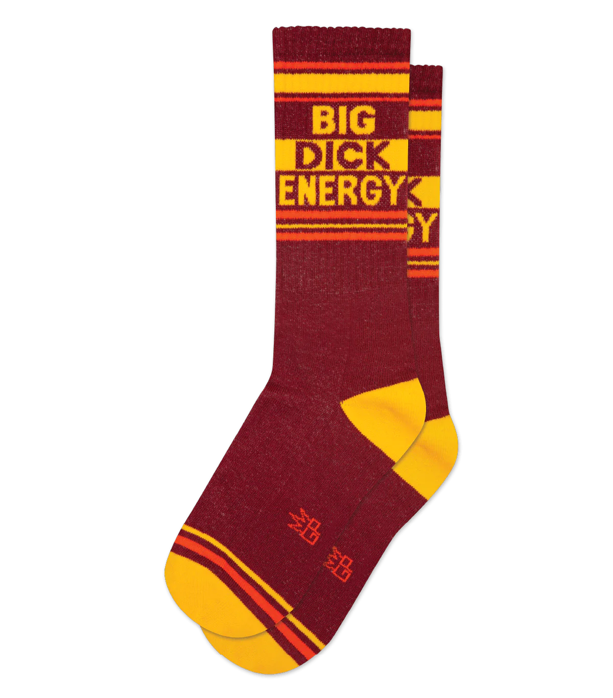 Product image of maroon and yellow socks with 'Big Dick Energy' text, displayed on a white background with flat-lay presentation.