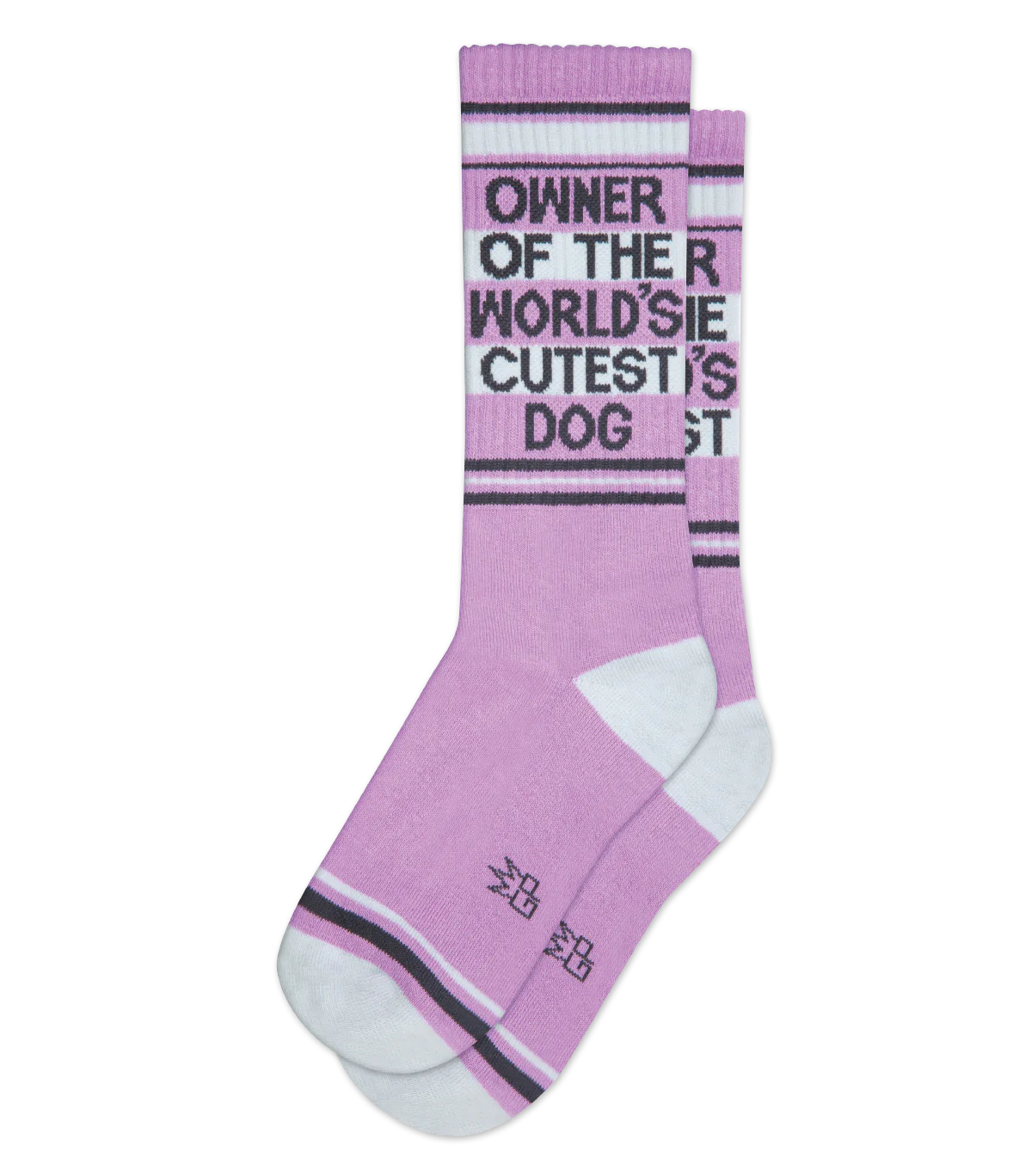 Pink and white crew socks with bold text reading "Owner of the World's Cutest Dog" in black lettering.