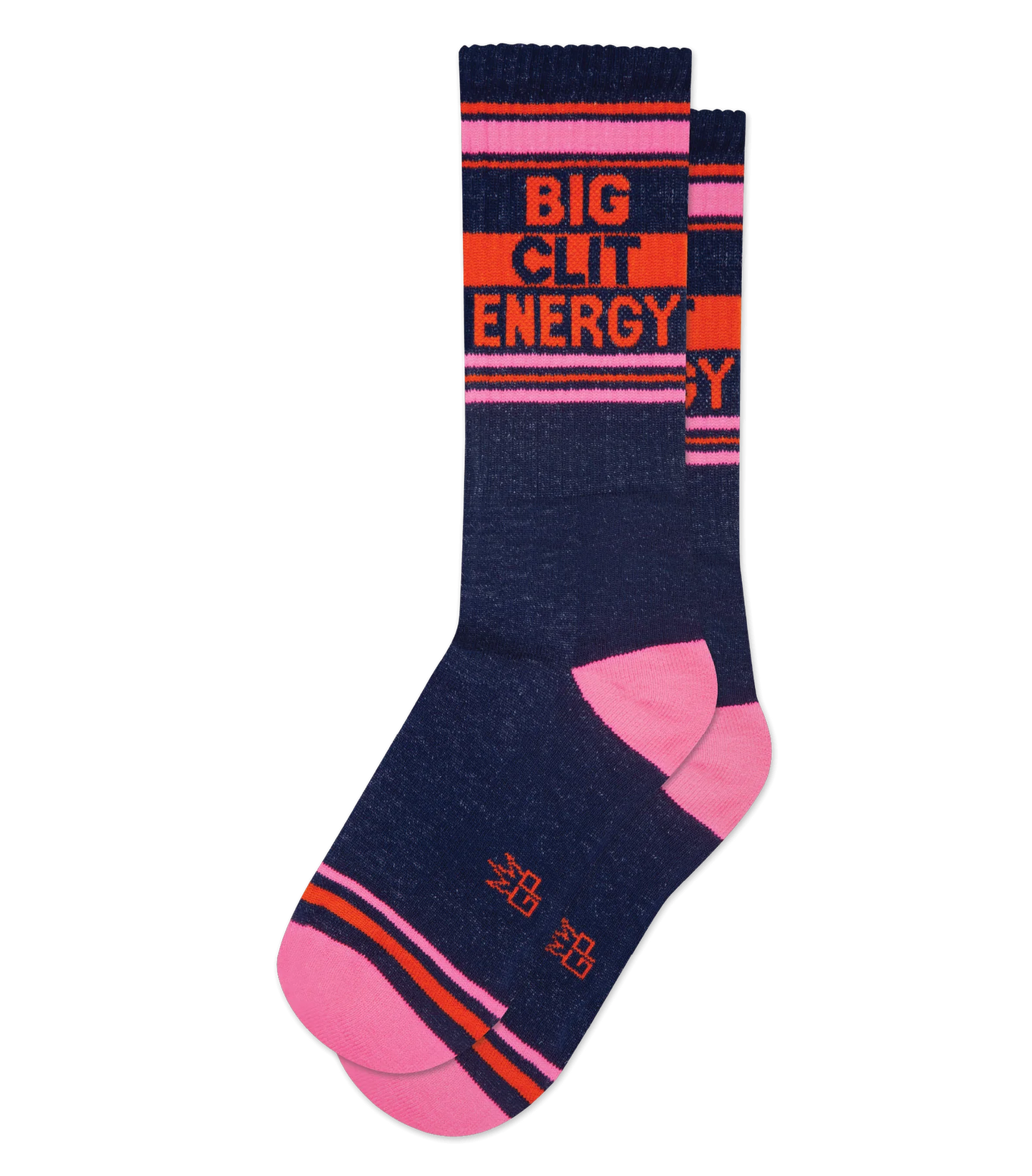 Flat-lay of navy socks with pink toes and heels, featuring 'Big Clit Energy' in orange and pink on a white background.
