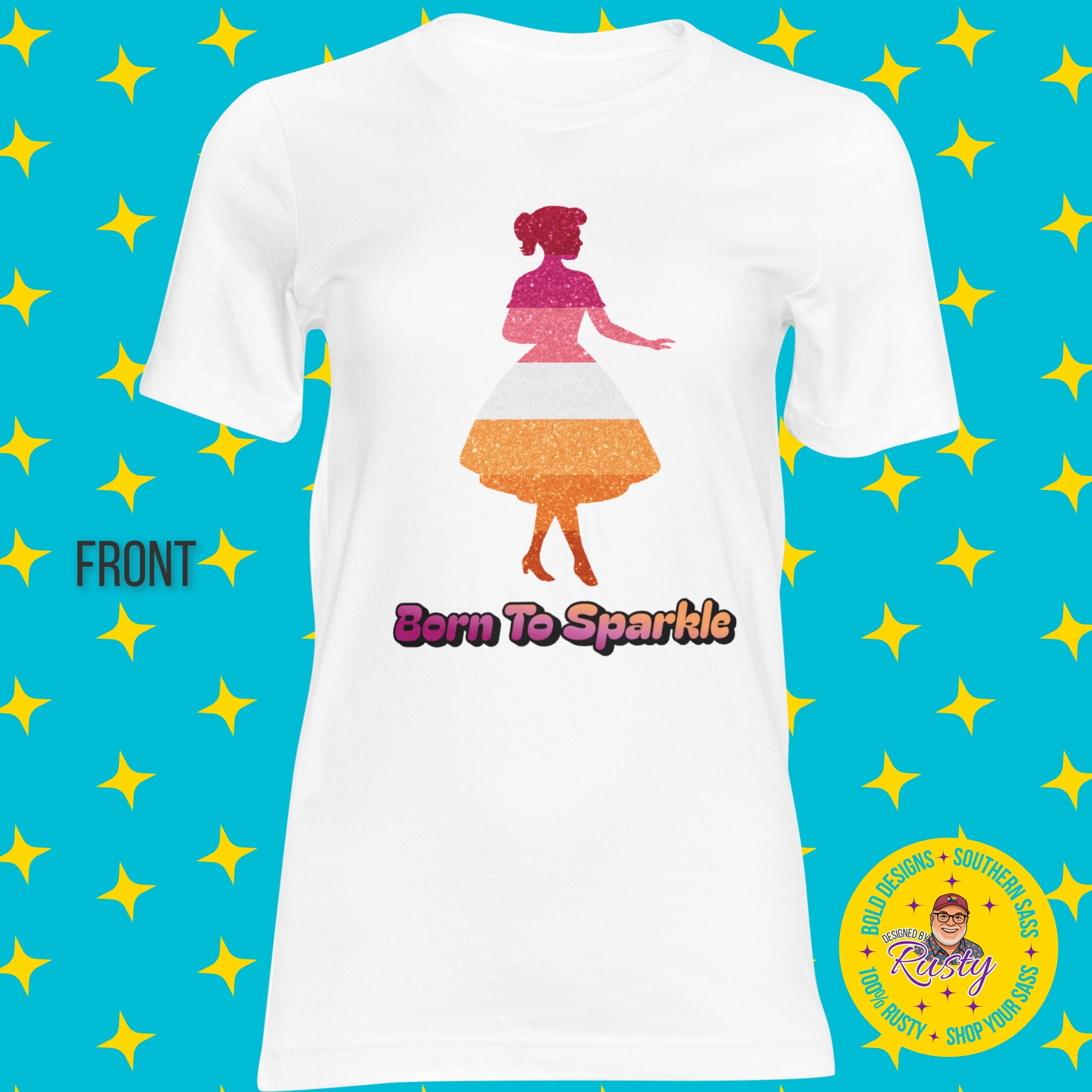 White women’s T-shirt with glitter silhouette design and “Born to Sparkle” text, displayed on turquoise star background with Designed by Rusty logo.