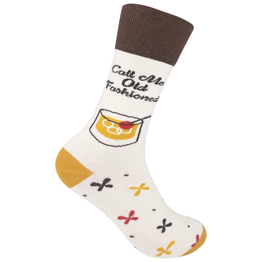 Call Me Old Fashioned Socks – cream and brown novelty crew socks with cocktail glass design and colorful cross-stitch pattern