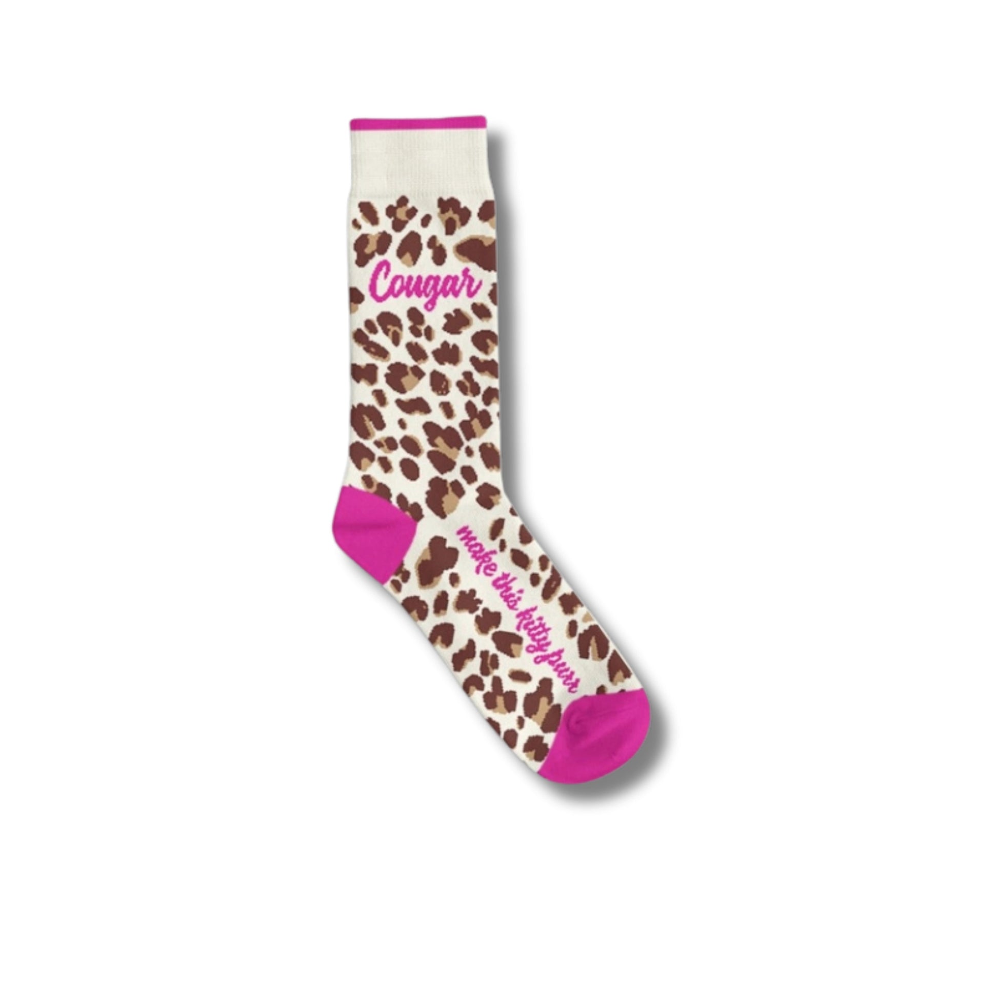 Cougar socks with playful kitty purr phrase design