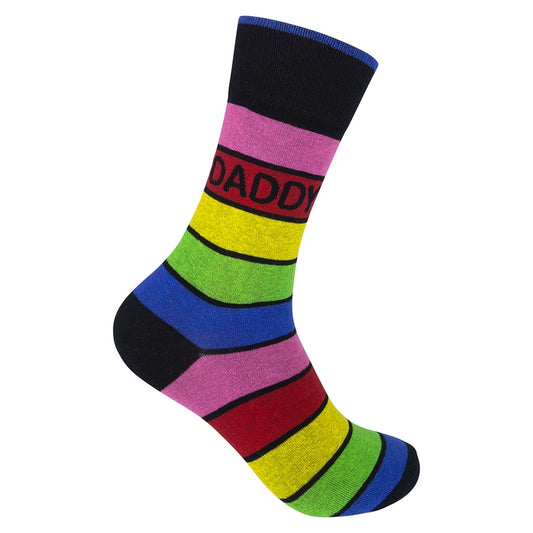 Daddy Gay Rainbow Socks by Funatic – colorful LGBTQ+ crew socks with bold pride message