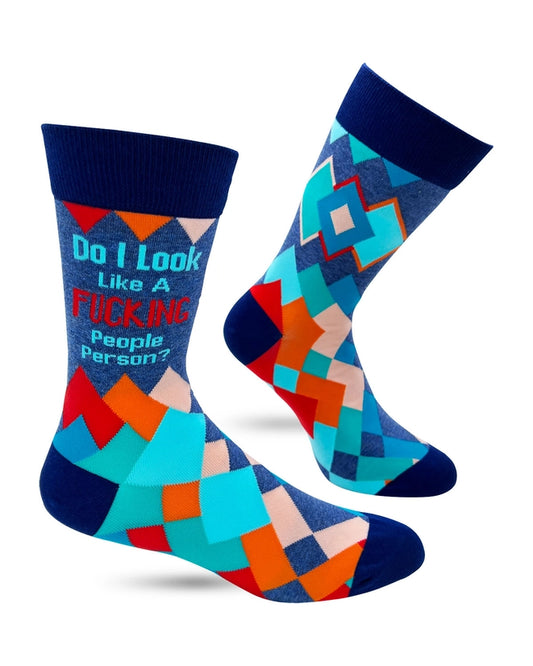 Geometric print crew socks in blue, red, and orange with the text: “Do I look like a fucking people person?”