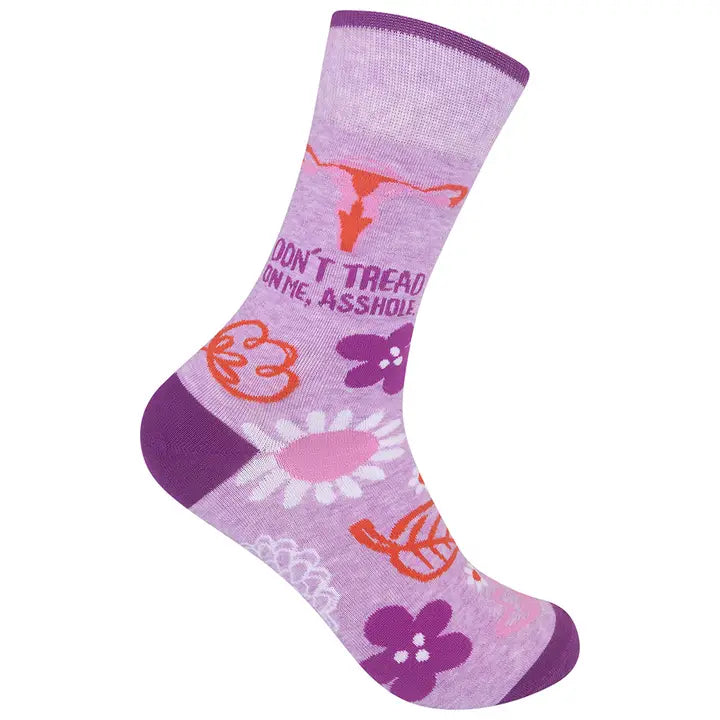 Lavender novelty crew socks with floral graphics and bold pro-choice message: "Don’t Tread On Me, Asshole"