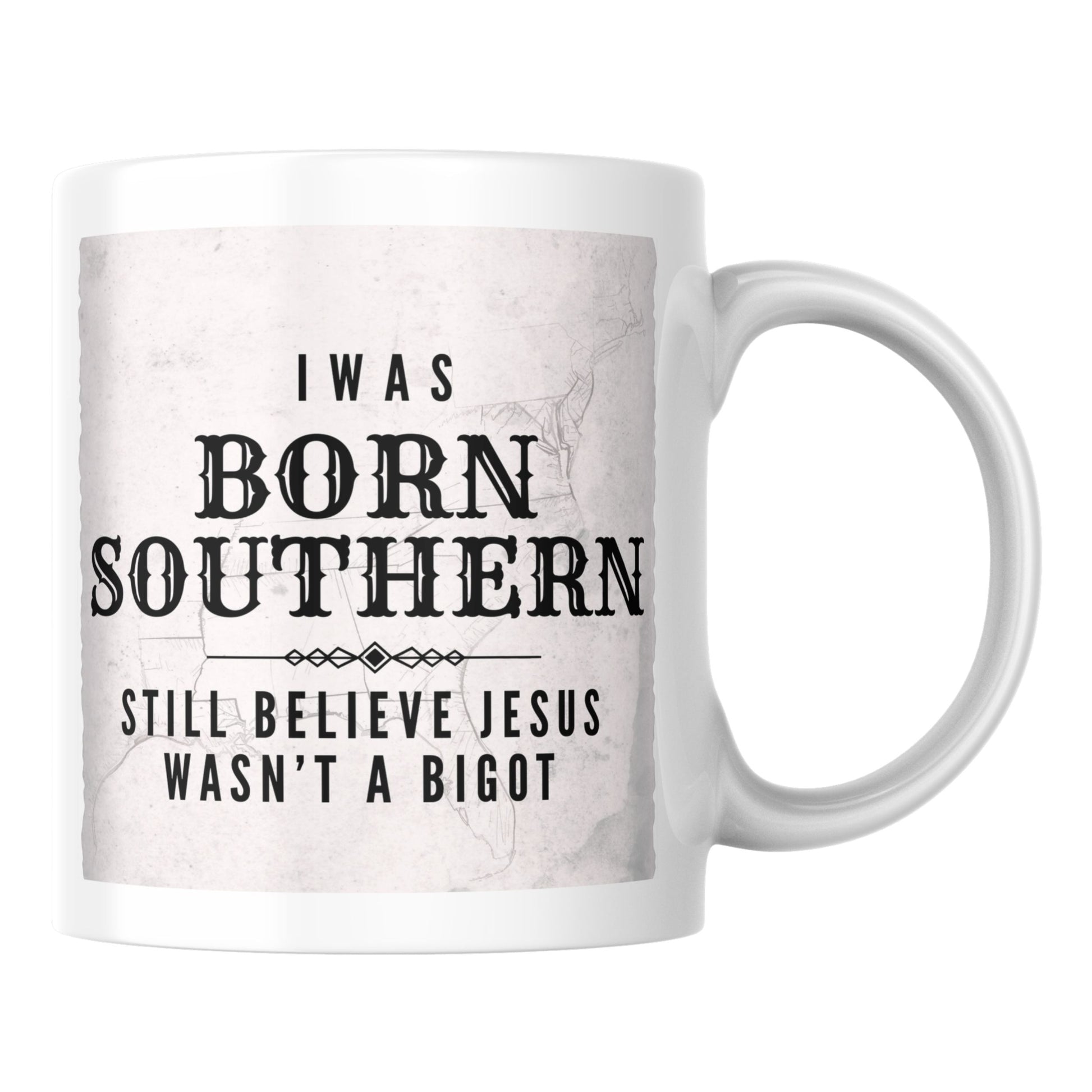 Primary: White ceramic mug with "Jesus Wasn't a Bigot" design on white background. Secondary: White ceramic mug with design on turquoise branded background with stars and DBR logo. Lifestyle: White ceramic mug displayed on a kitchen counter.