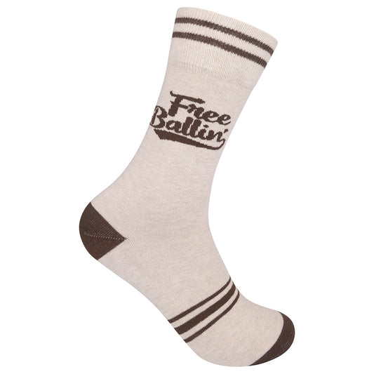 Cream and brown retro-style socks with stripes and script text: "Free Ballin'"