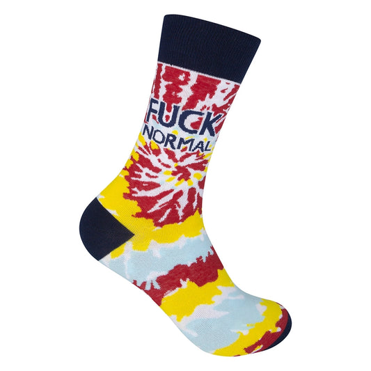 Colorful tie-dye socks with navy accents and bold text that reads "Fuck Normal"