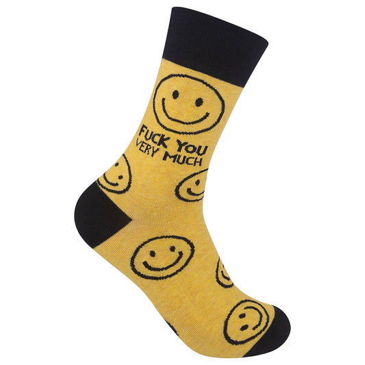 Yellow crew socks with black trim and repeating smiley faces, featuring the phrase "Fuck You Very Much"