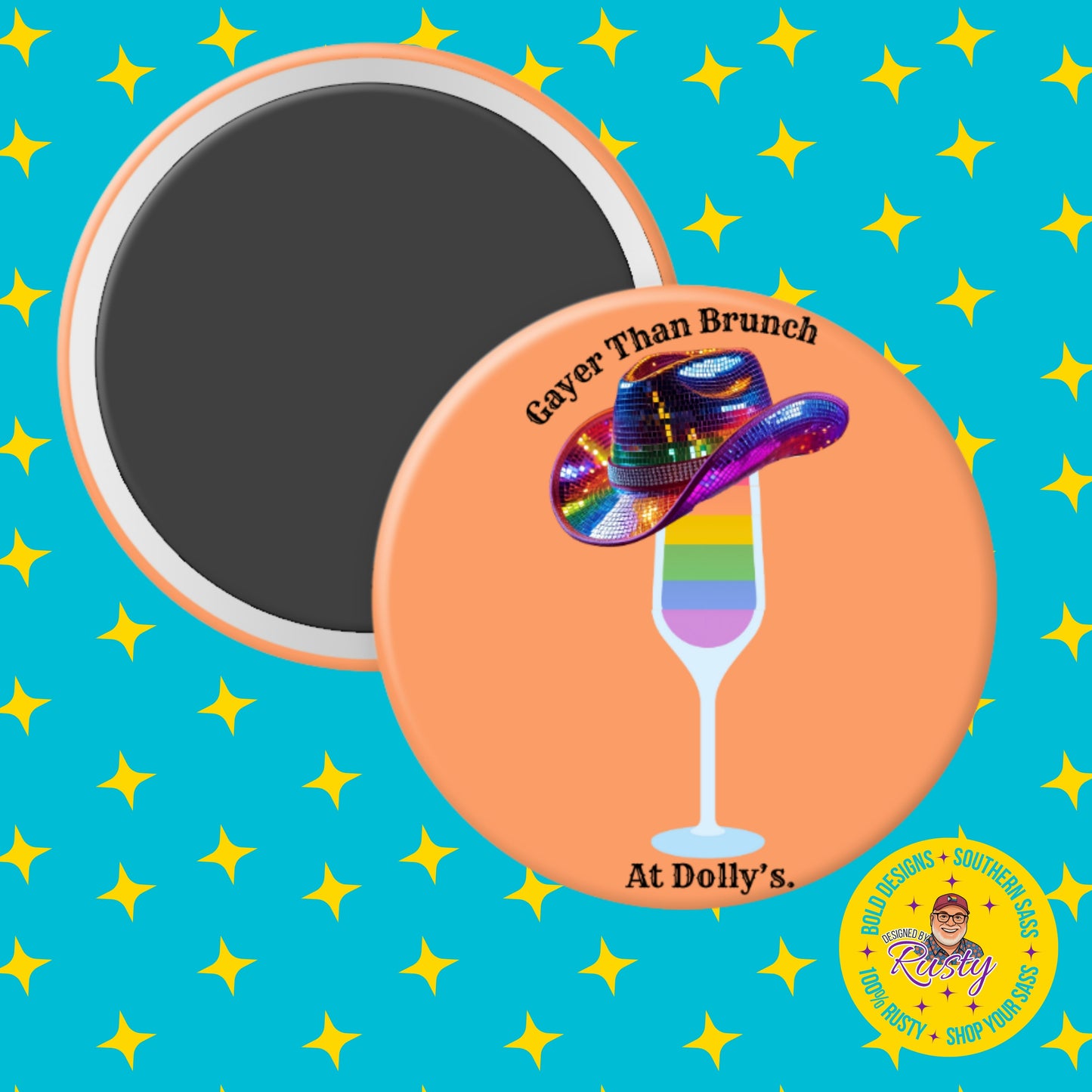 Round magnet with a colorful design of a rainbow hat on a glass against a blue background with yellow stars.