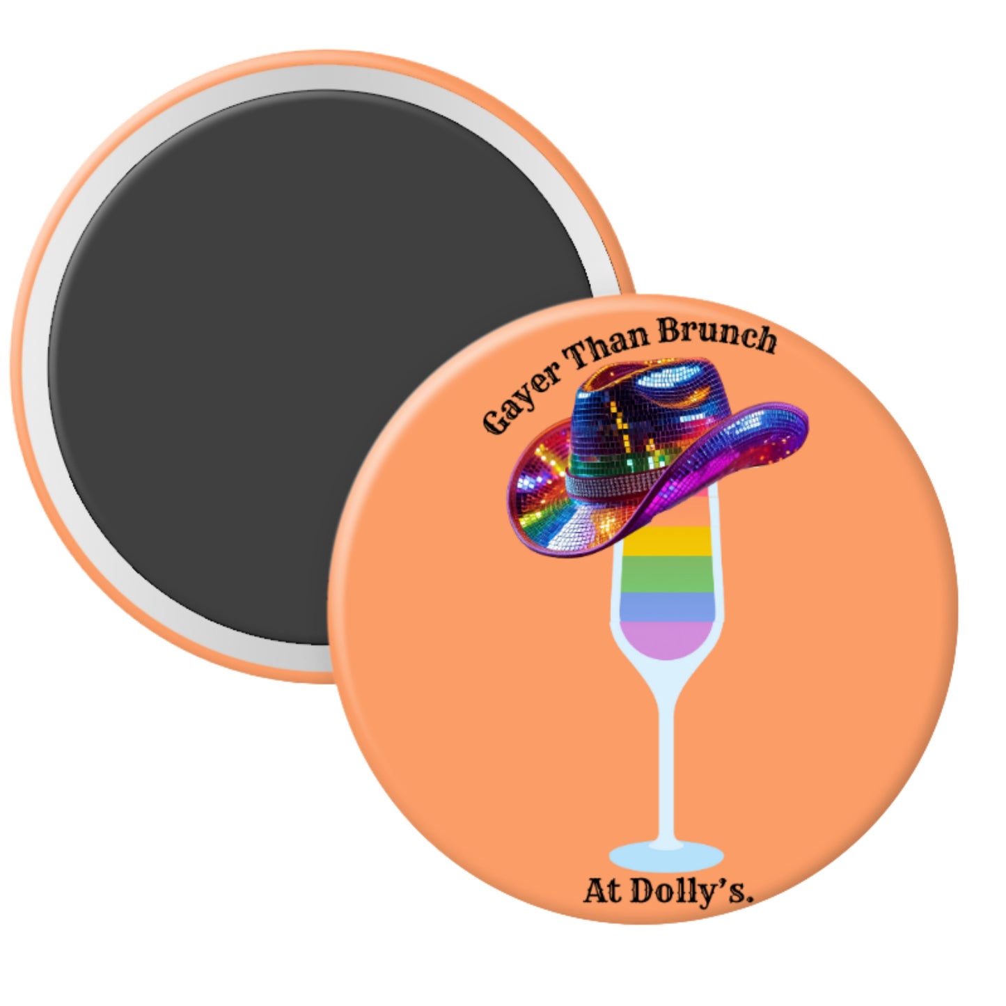 Round magnet with a colorful hat and champagne glass design on an orange background