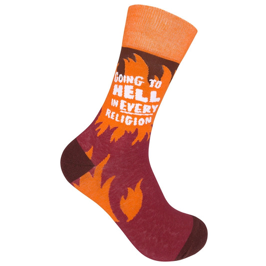 Burgundy and orange socks with flame design and the text "Going to hell in every religion"