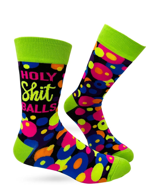 Black novelty socks with neon green cuff and colorful dot pattern, featuring bold text: “Holy Shit Balls”