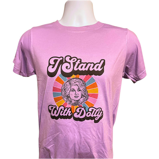 I Stand With Dolly shirt with sketched Dolly Parton portrait and rainbow burst