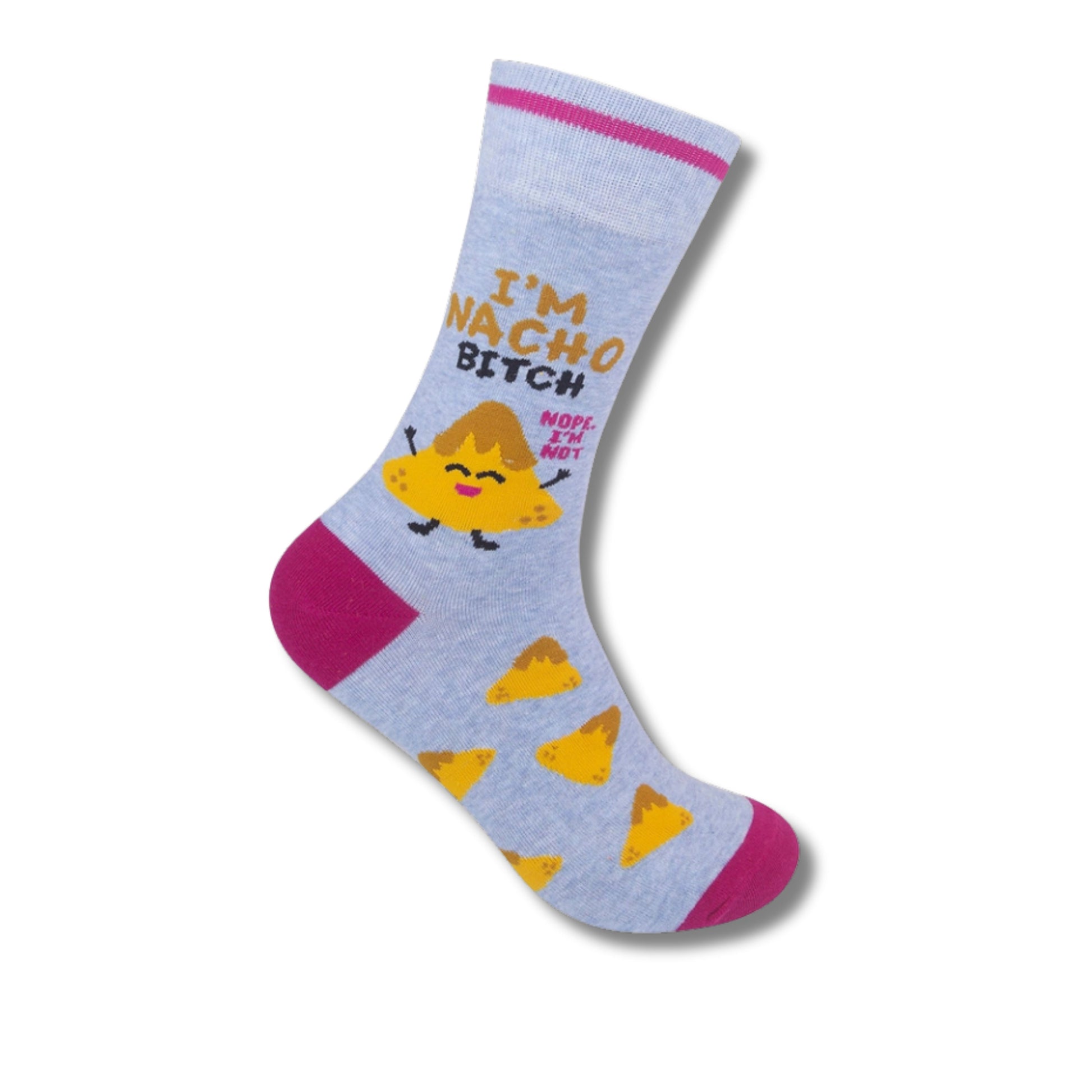 Nacho themed funny socks with bold text design