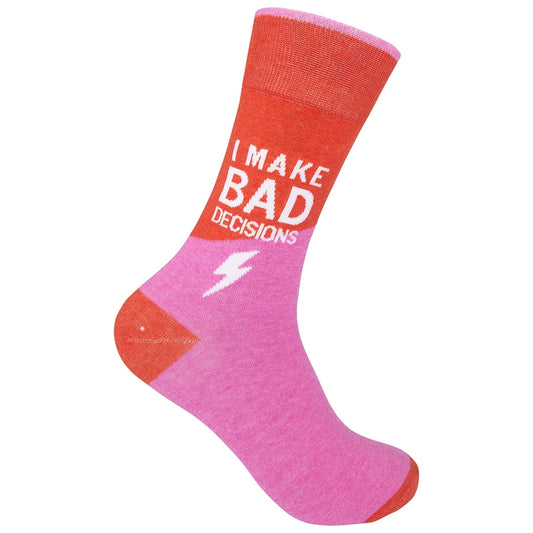 Pink and red novelty crew socks with bold white lightning bolt and the phrase "I Make Bad Decisions"