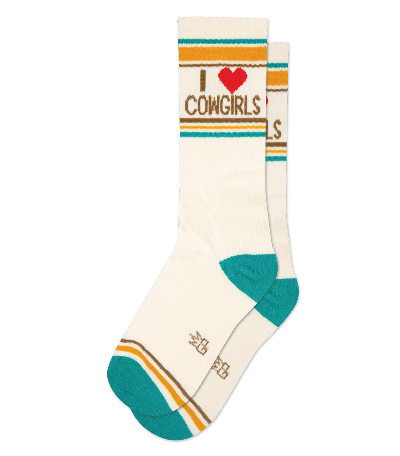 White and teal novelty crew socks with retro stripes and red heart, reading "I ❤️ Cowgirls" in brown lettering.