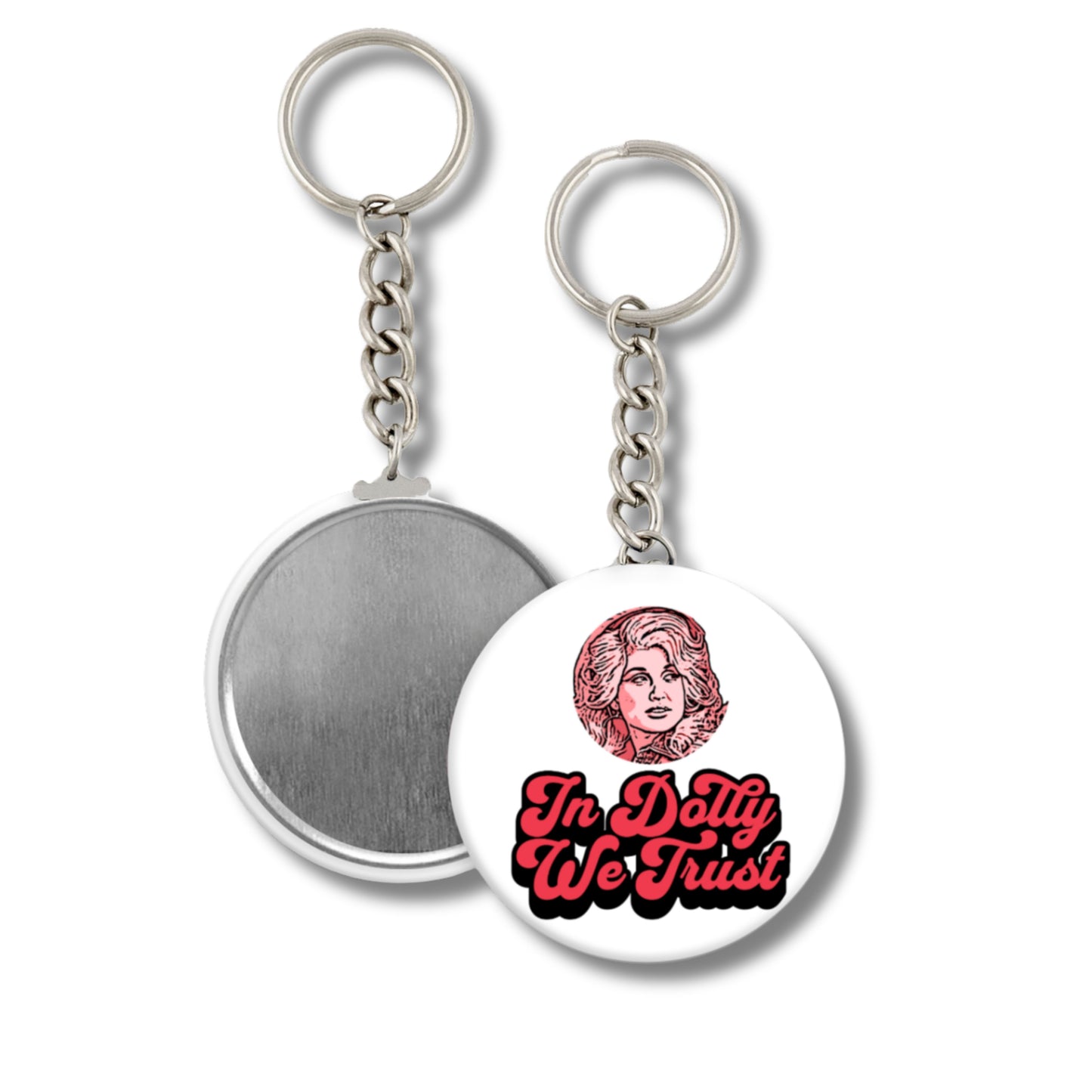 Keychain with a circular design featuring a portrait and text 'In Dolly We Trust' on a white background.