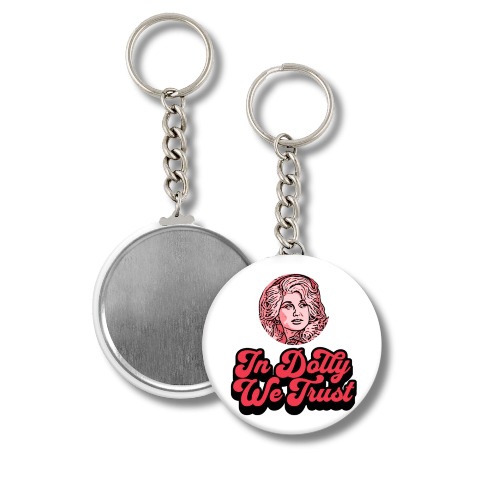 Keychain with a circular design featuring a portrait and text 'In Dolly We Trust' on a white background.