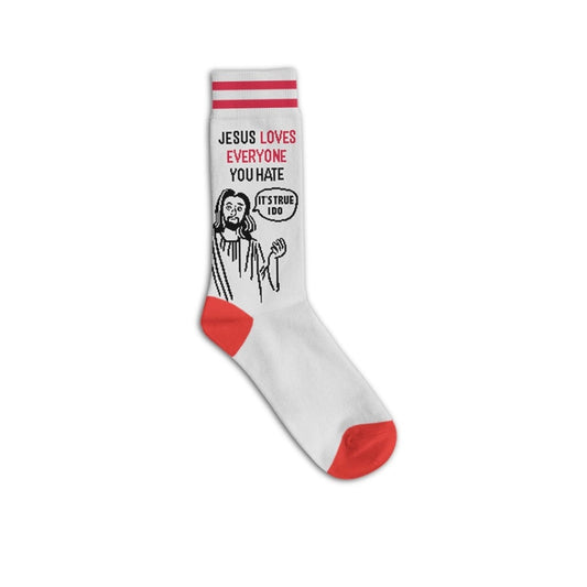 White crew socks with red accents featuring a cartoon Jesus and the quote "Jesus loves everyone you hate"