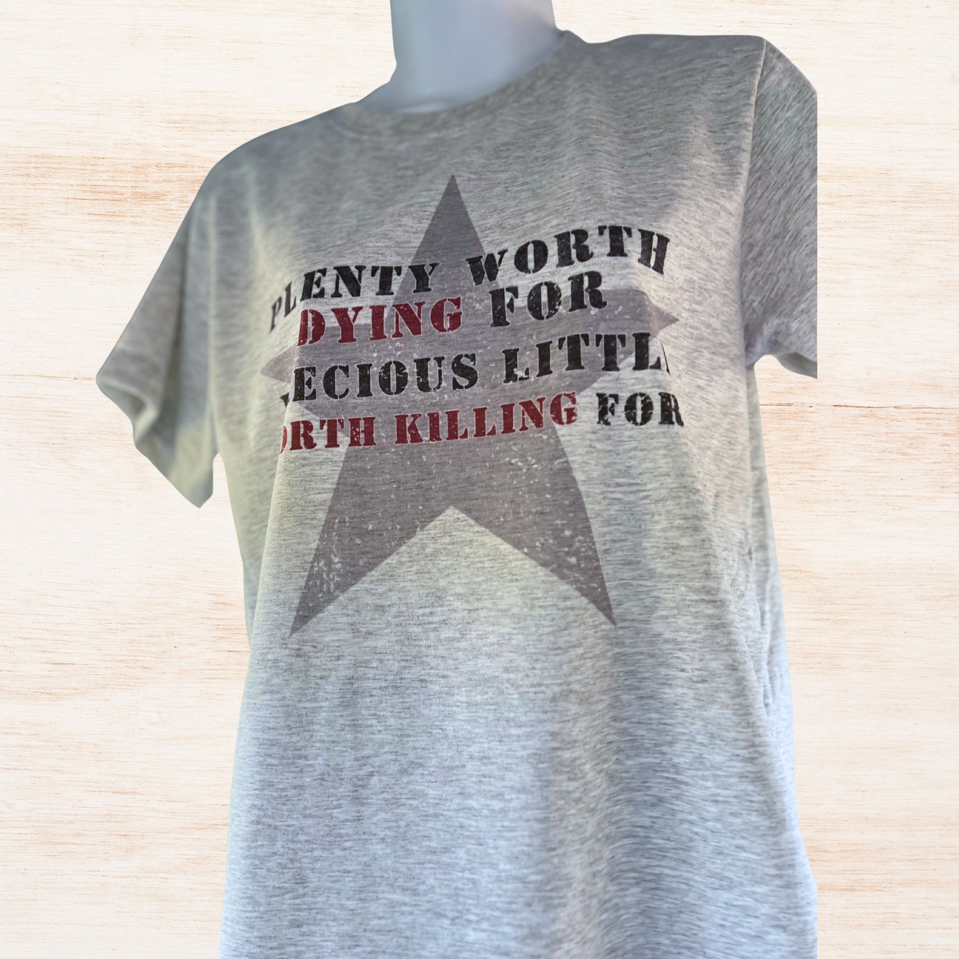 Gray T-shirt reading “Plenty Worth Dying For, Precious Little Worth Killing For” displayed against natural wood background for a soft lifestyle look.