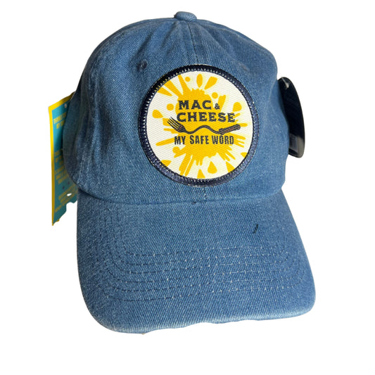 Denim embroidered patch hat with yellow splash design and bold text “Mac & Cheese My Safe Word,” displayed on a pure white background.