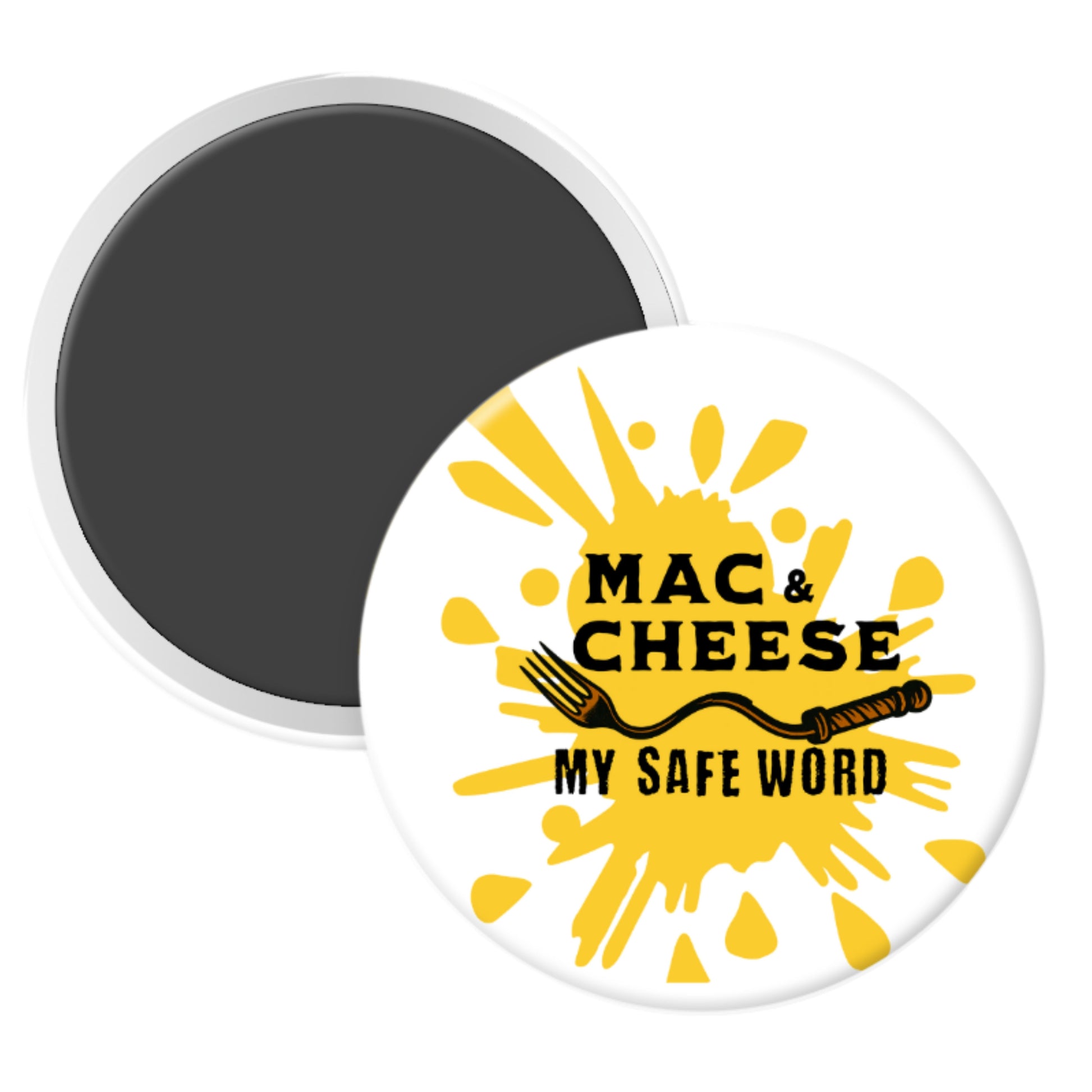 2.25 inch round magnet with mac and cheese themed playful design on dark brick background