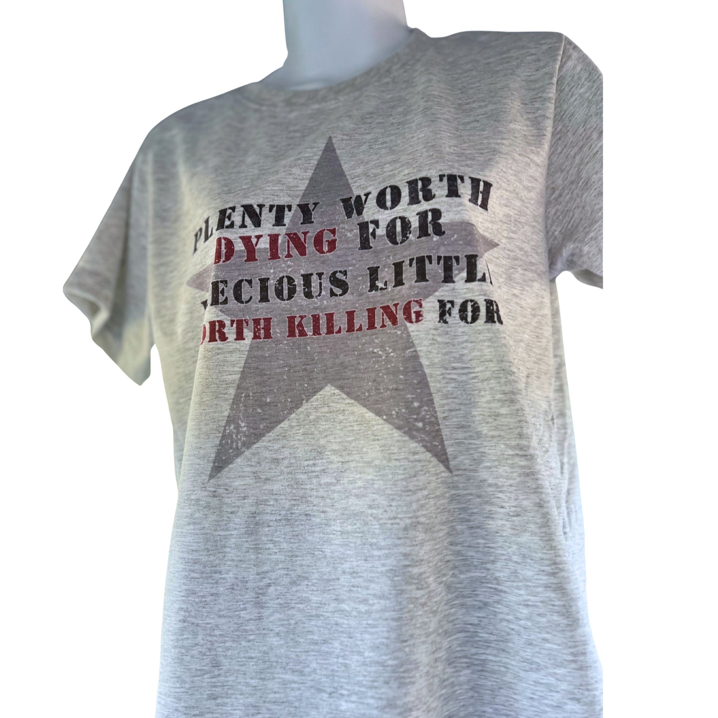 Gray T-shirt reading “Plenty Worth Dying For, Precious Little Worth Killing For” with large faded black star, displayed on mannequin against white background.