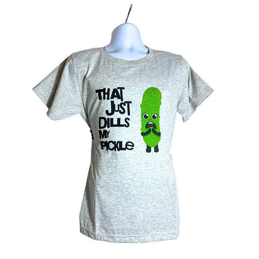 Light gray unisex t-shirt with bold black text “That Just Dills My Pickle” and cartoon pickle illustration, on white background.