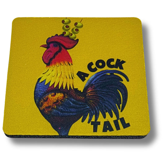 Yellow “A Cocktail” rooster coaster with martini olive garnish, displayed on a plain white background.