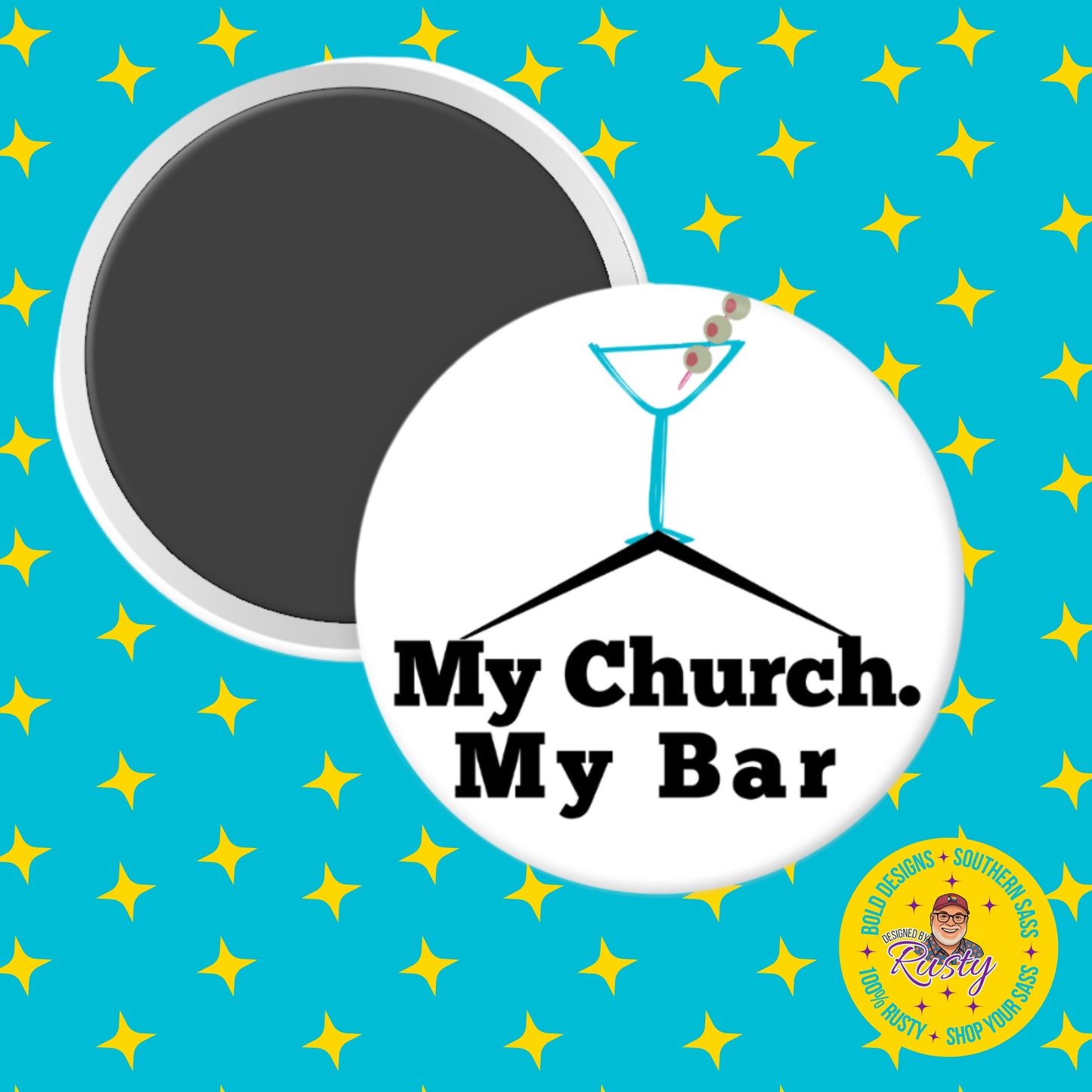 Fridge magnet with 'My Church. My Bar' design on a blue background with yellow stars.