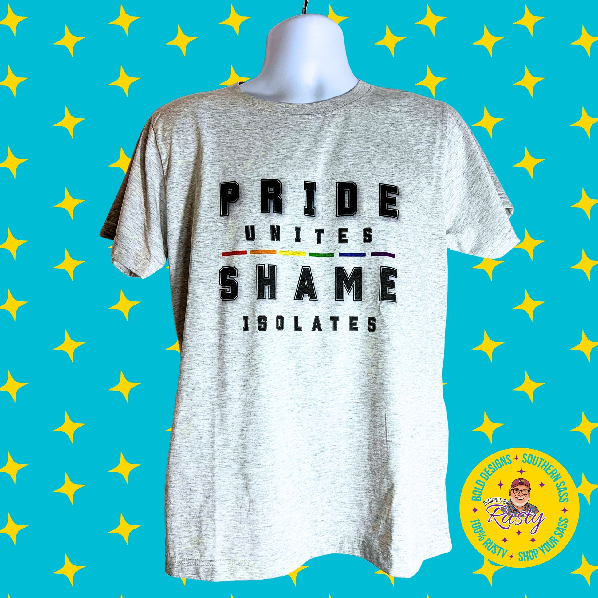 Gray t-shirt with words on a gray heather poly blend shirt. 