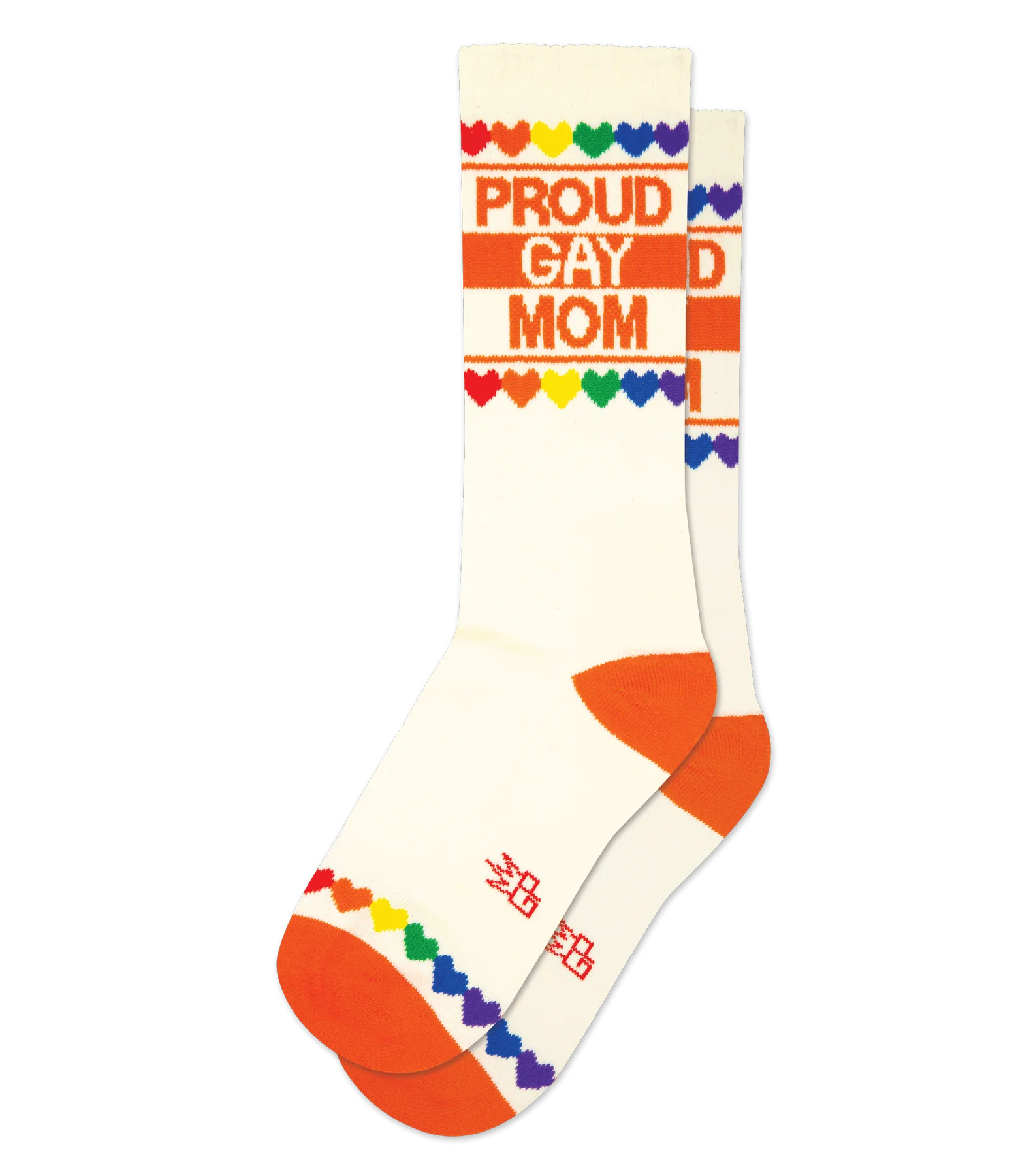 White novelty socks with orange toe, heel, and cuff, rainbow heart border and bold “Proud Gay Mom” lettering