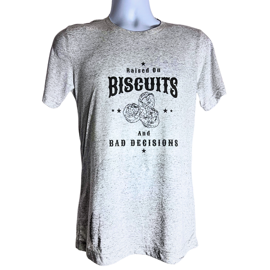 Gray t-shirt with 'Raised on Biscuits and Bad Decisions' text and graphics on a white background