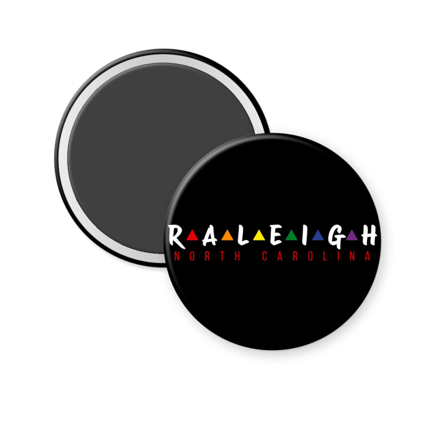 2.25 inch round magnet with Raleigh Friends inspired pop culture design on dark brick background