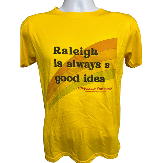 Raleigh is Always a Good Idea t-shirt with retro rainbow arc and red script