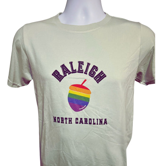 Raleigh North Carolina t-shirt with rainbow-striped acorn graphic