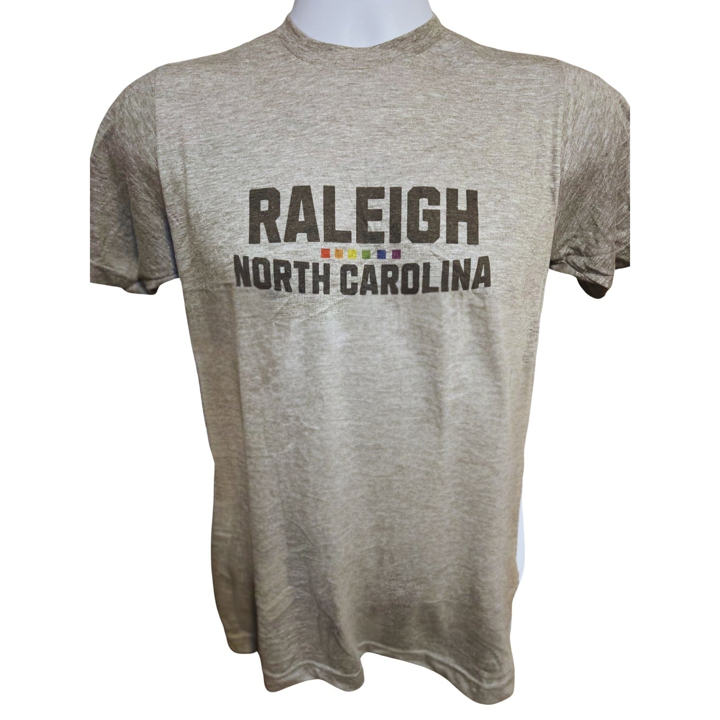 Raleigh North Carolina shirt with rainbow bar underlining Raleigh text