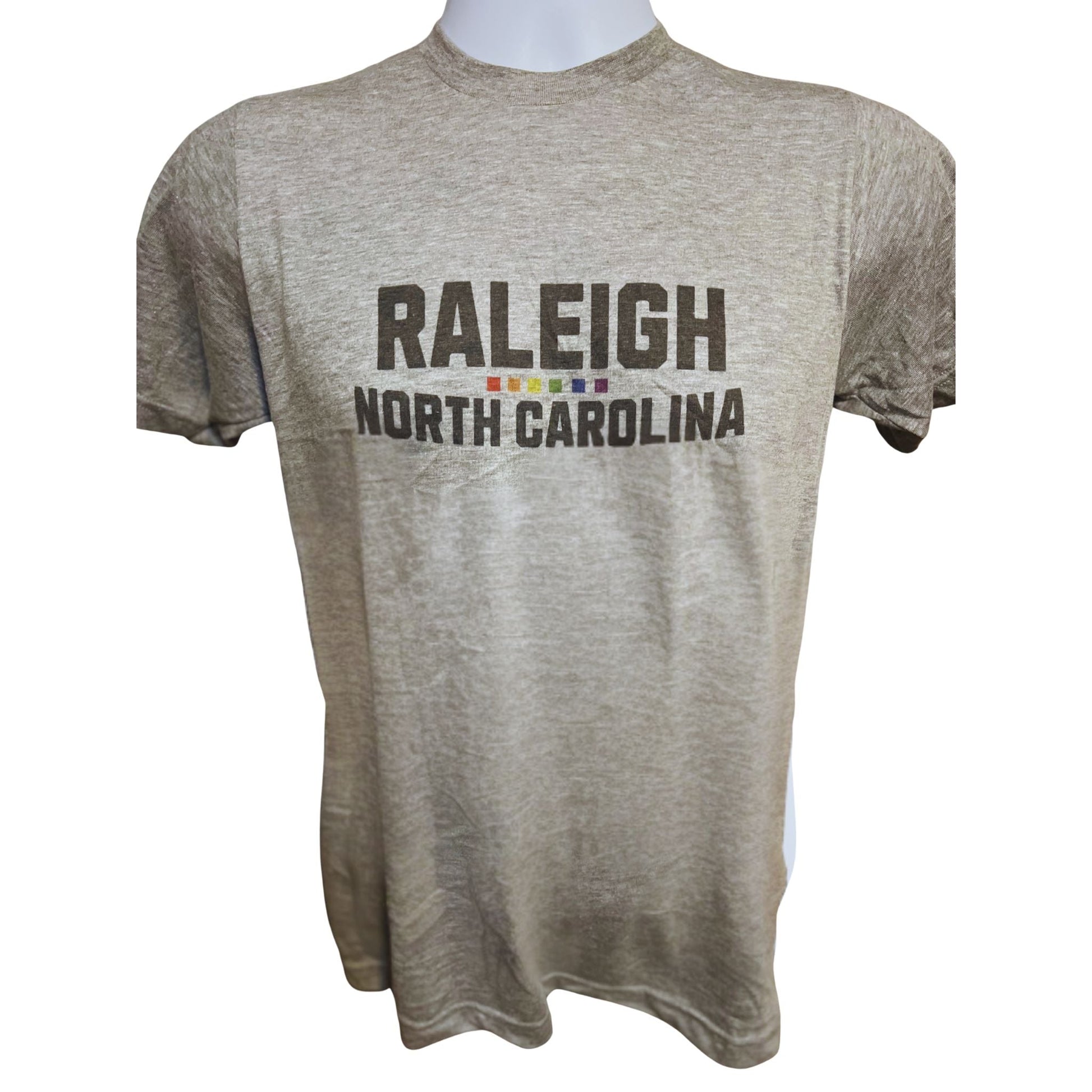 Raleigh North Carolina shirt with rainbow bar underlining Raleigh text