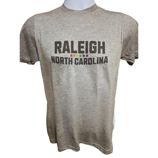 Raleigh North Carolina shirt with rainbow bar underlining Raleigh text