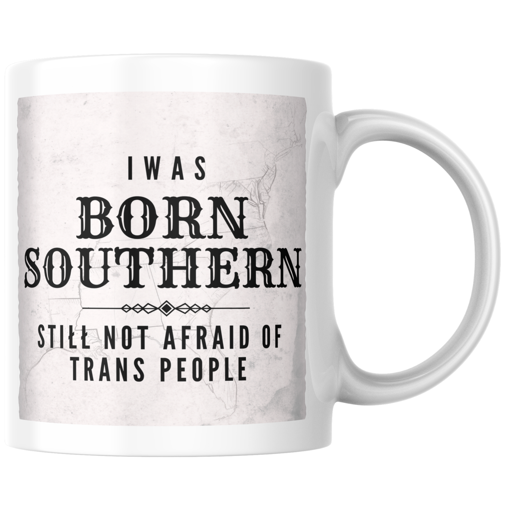 Primary: White ceramic mug with inclusive message on white background. Secondary: White ceramic mug with design on turquoise branded background with stars and DBR logo. Lifestyle: White ceramic mug held in hands in a cozy sweater setting.
