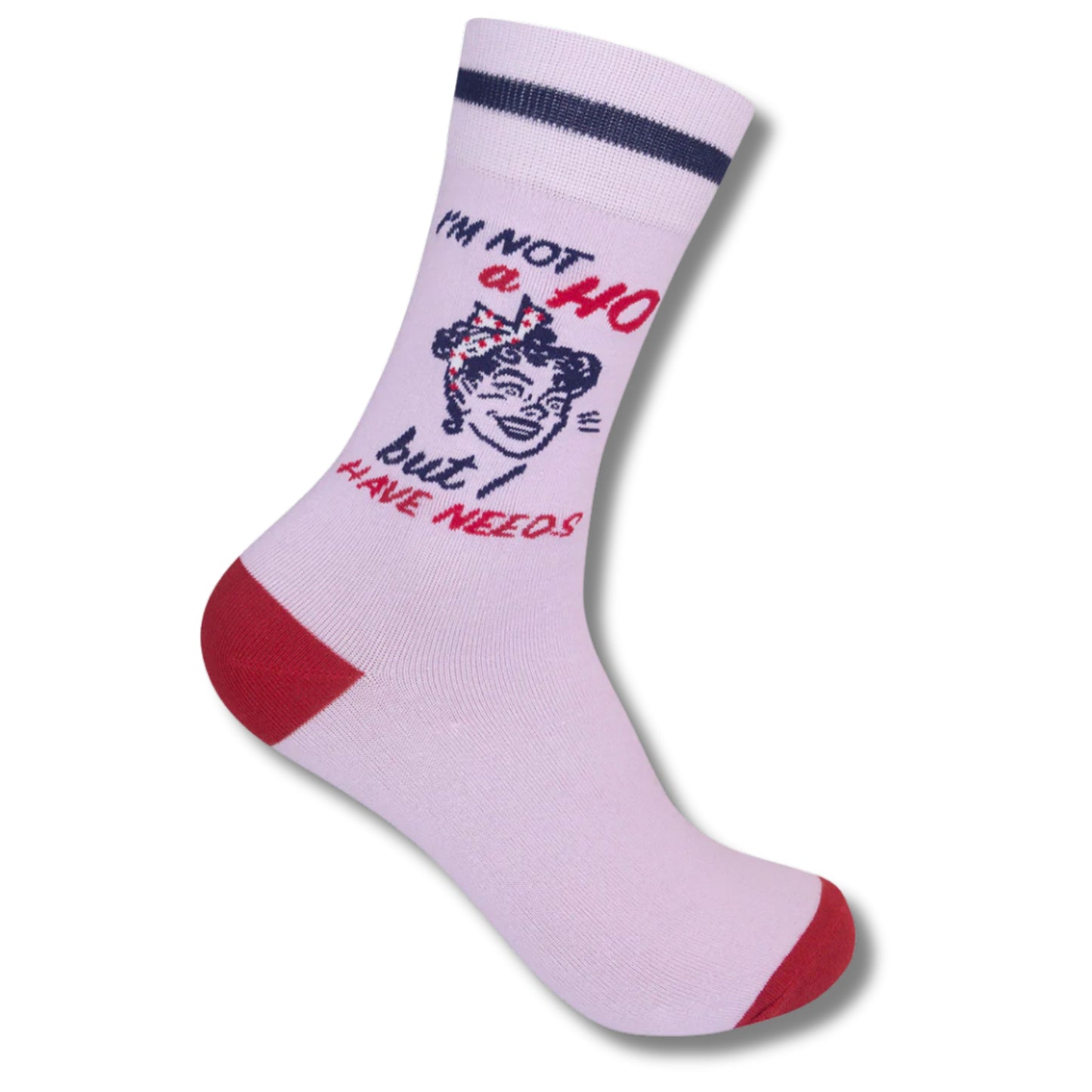 White crew socks with red accents and retro graphic text reading “I’m not a ho but I have needs,” displayed on a plain background.