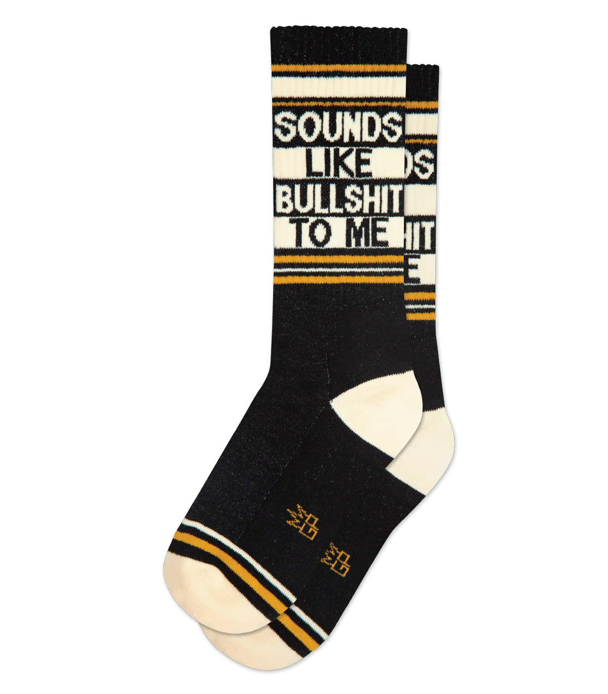 Black and cream novelty socks with bold lettering: “Sounds Like Bullshit To Me,” accented with yellow stripes