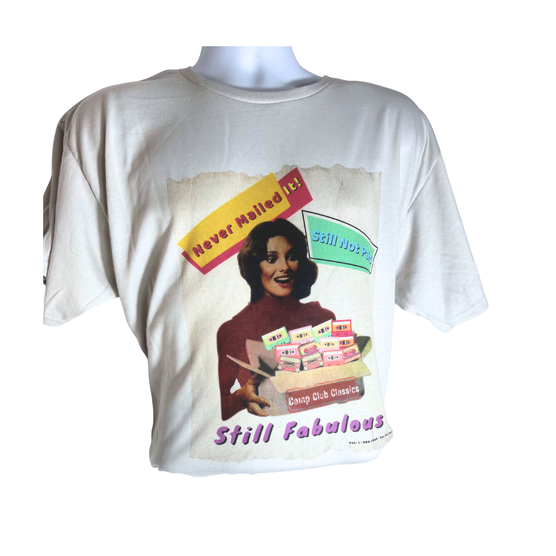 Silver t-shirt with vintage-style graphic and text on a white background