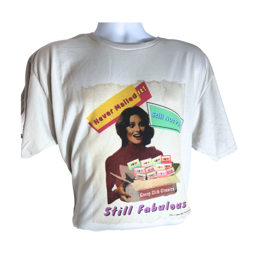 Silver t-shirt with vintage-style graphic and text on a white background