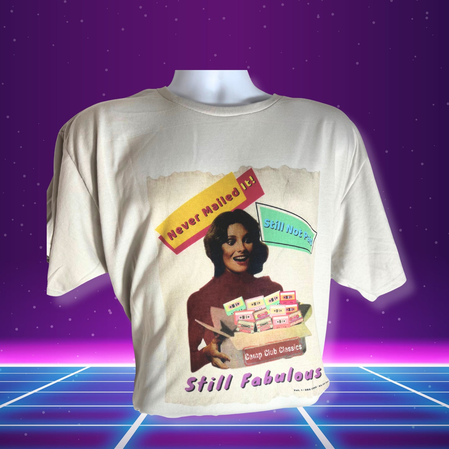 Silver t-shirt with a graphic design on a retro-themed background