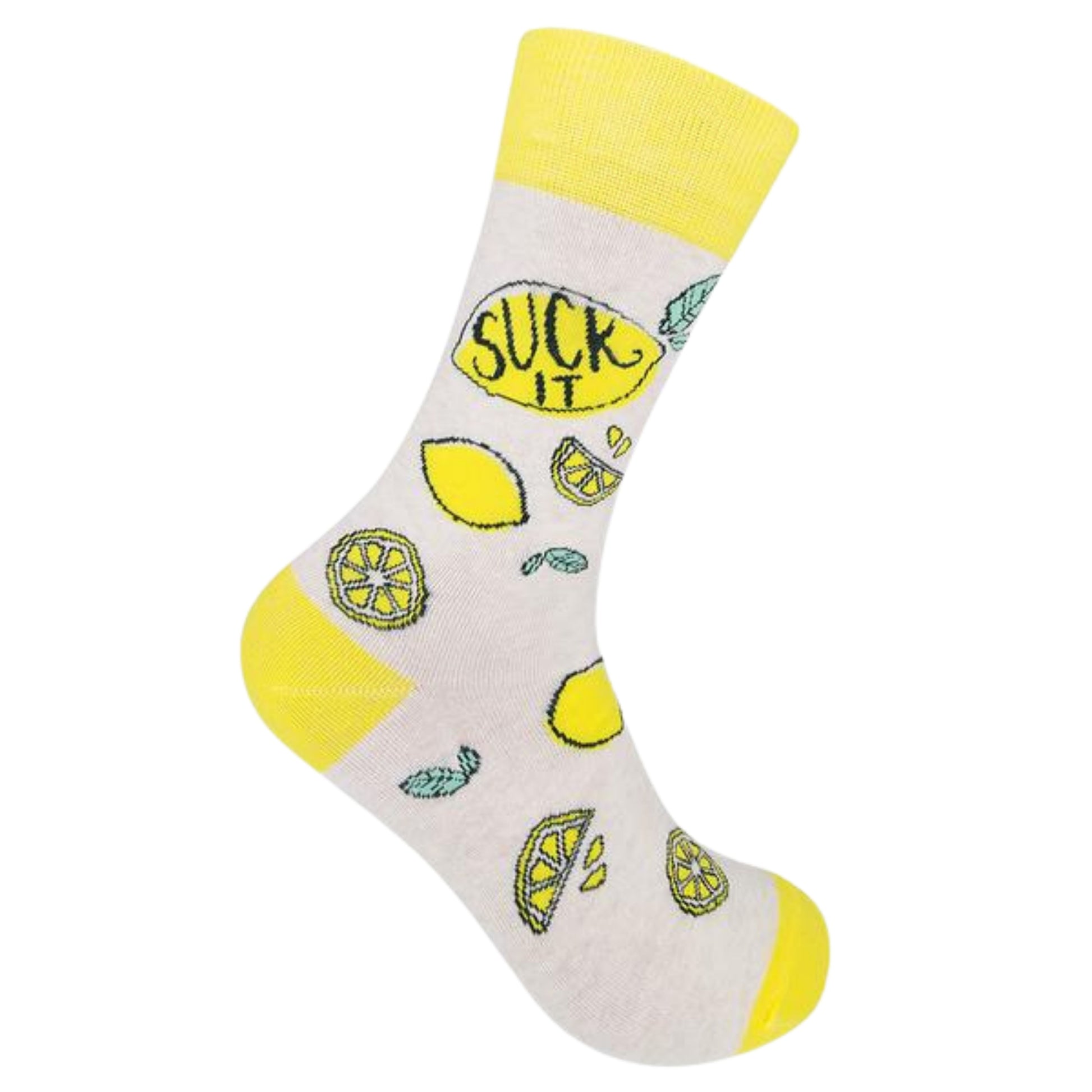 Lemon themed funny socks with bold phrase