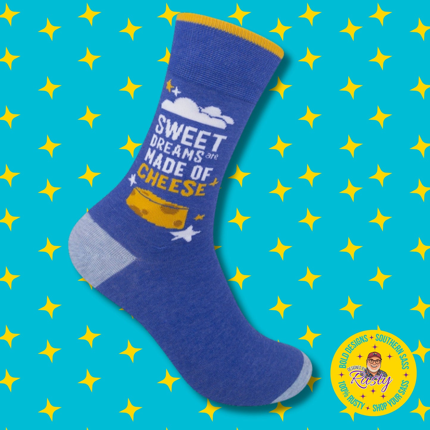Blue crew socks with cheese graphic and text on turquoise background with yellow stars and Designed by Rusty logo.