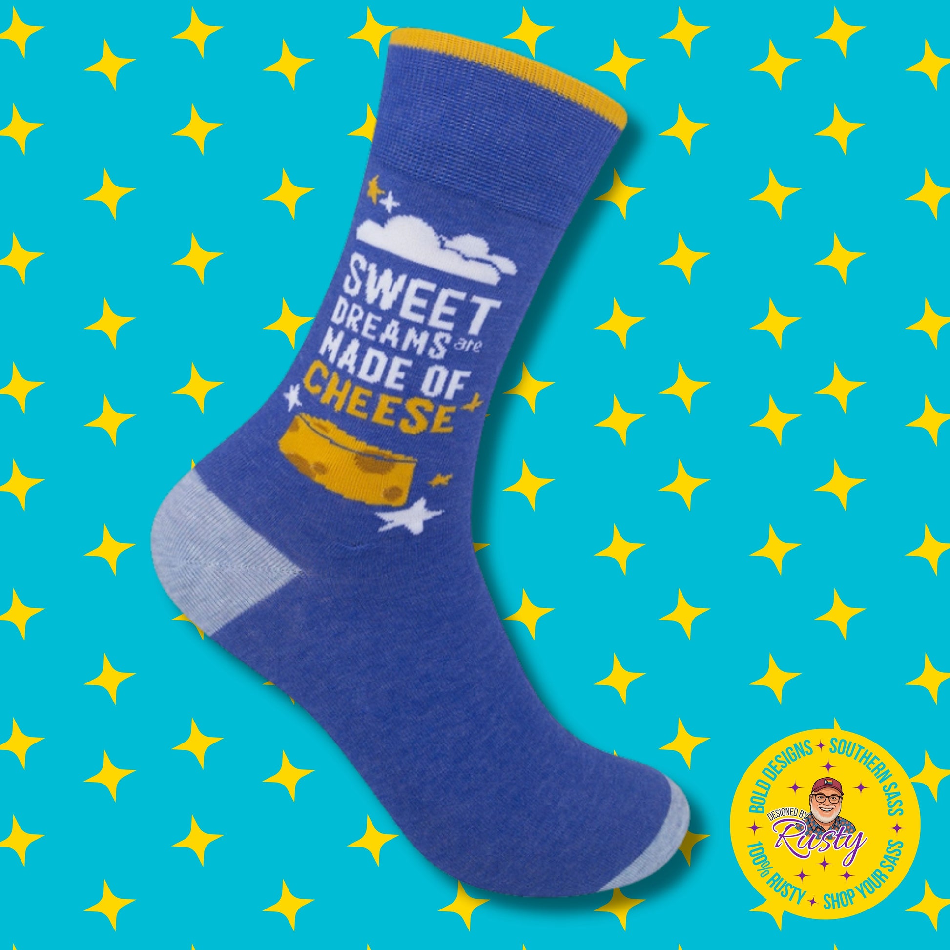 Blue crew socks with cheese graphic and text on turquoise background with yellow stars and Designed by Rusty logo.