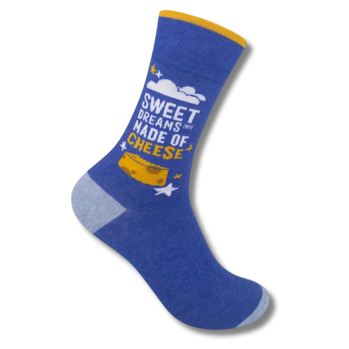 Cheese themed socks with playful phrase design